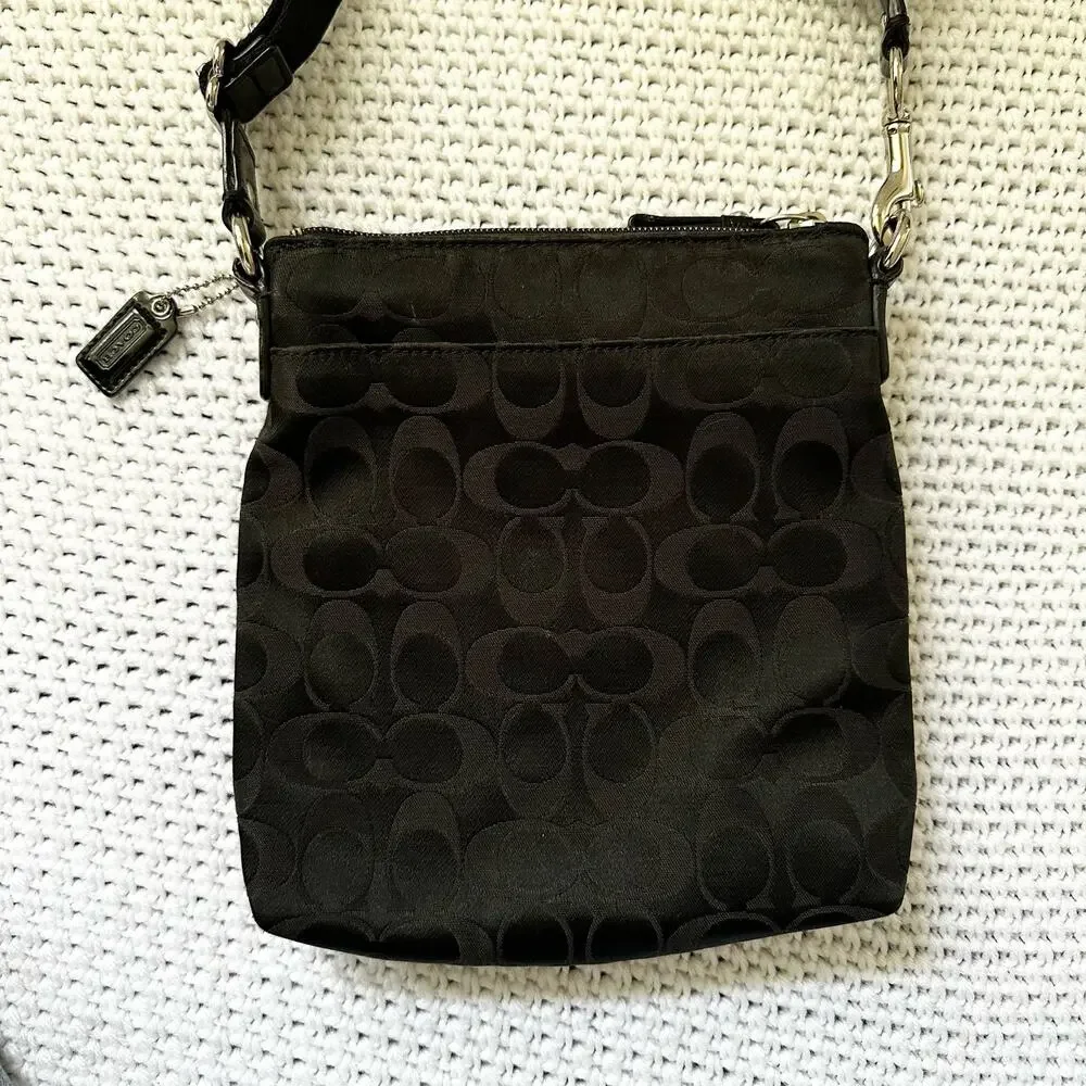 Coach Black Canvas Signature Poppy Patent Patch Small Slim Crossbody Bag